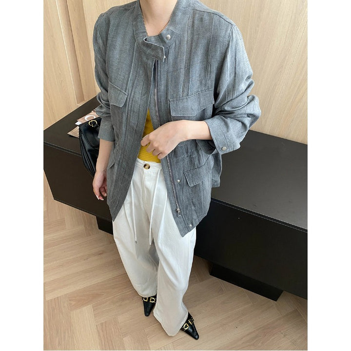 Damen lässige Utility-Jacke mit hohen Taschen und runder Nahtverarbeitung Drune