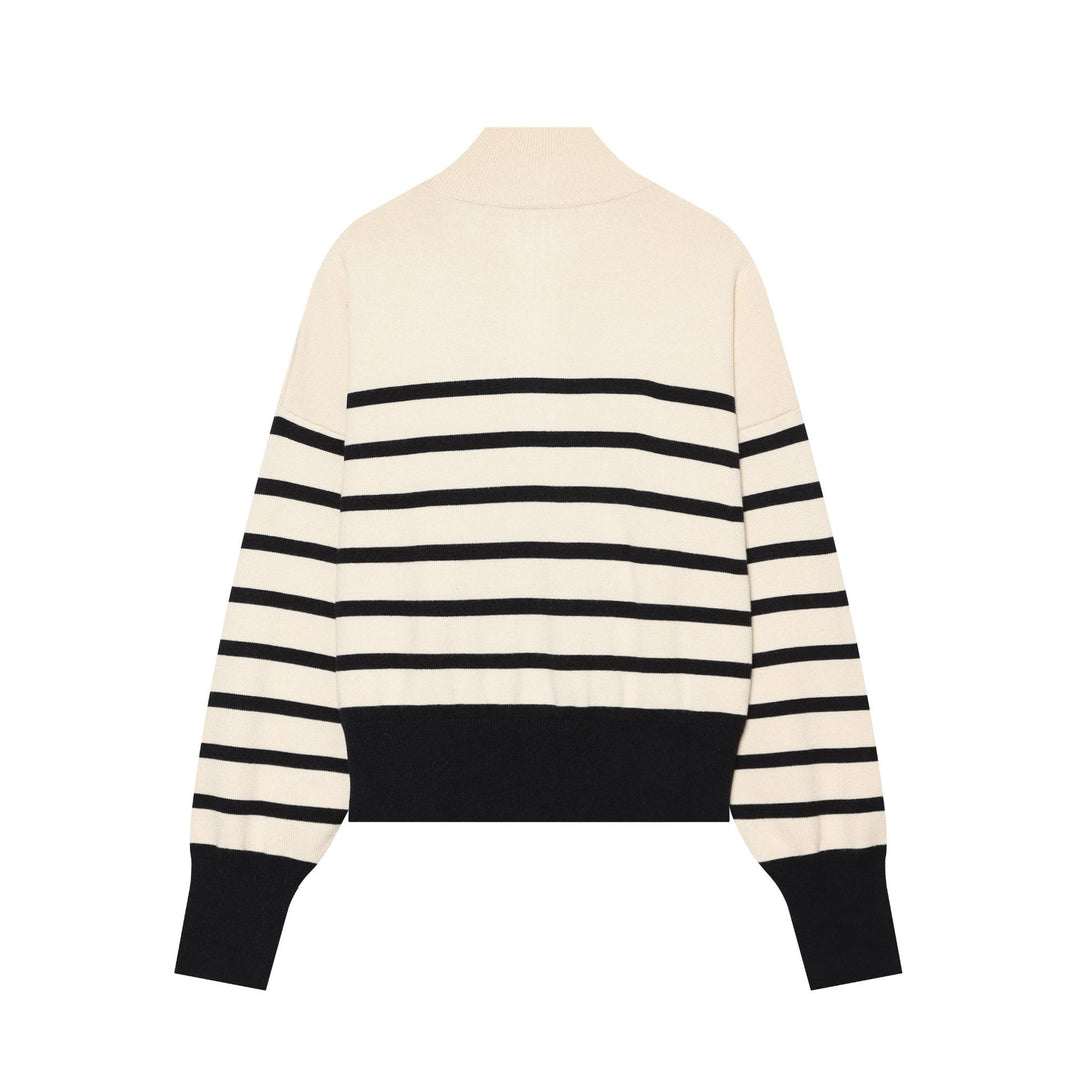 Damen Gestreifter Cropped Strickpullover mit halbem Reißverschluss und Stehkragen Drune