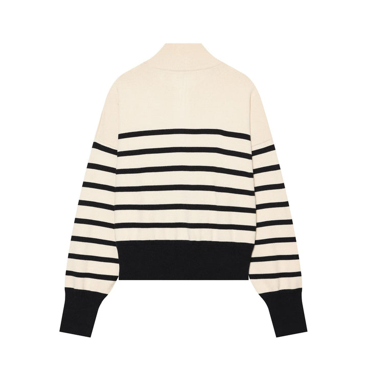 Damen Gestreifter Cropped Strickpullover mit halbem Reißverschluss und Stehkragen Drune