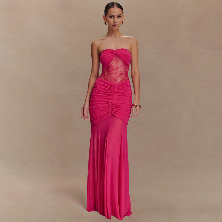 Damen Elegantes Maxikleid mit raffiniertem Spitzen-Einsatz und Raffung Drune