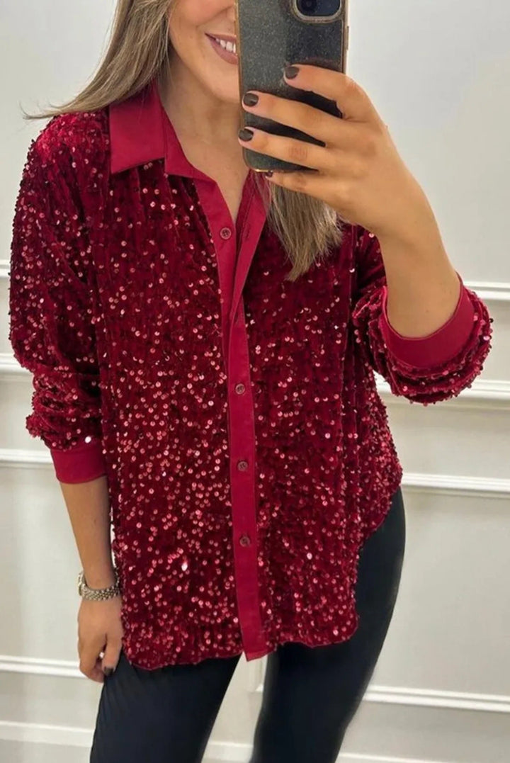 Damen nan glitzernde Pailletten-Hemdbluse mit Kragen, Knopfleiste und elastischen Manschetten Drune