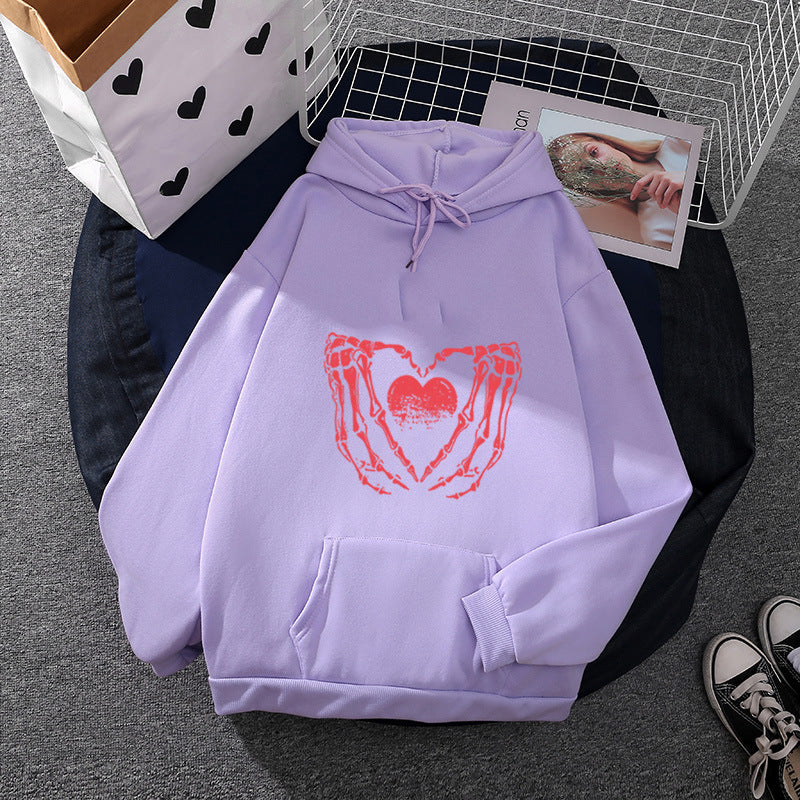 Damen nan stylischer Kapuzenpullover mit Skeletthand Herzmotiv und Kängurutasche Drune