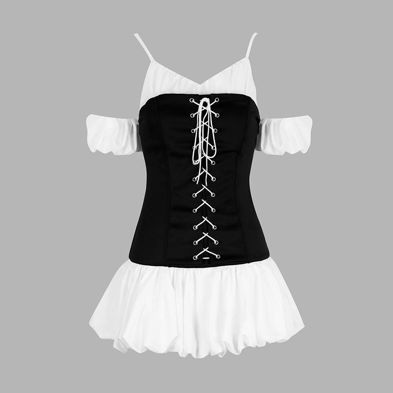 Damen Rüschenkleid mit Schnürung und abnehmbaren Trägern Drune