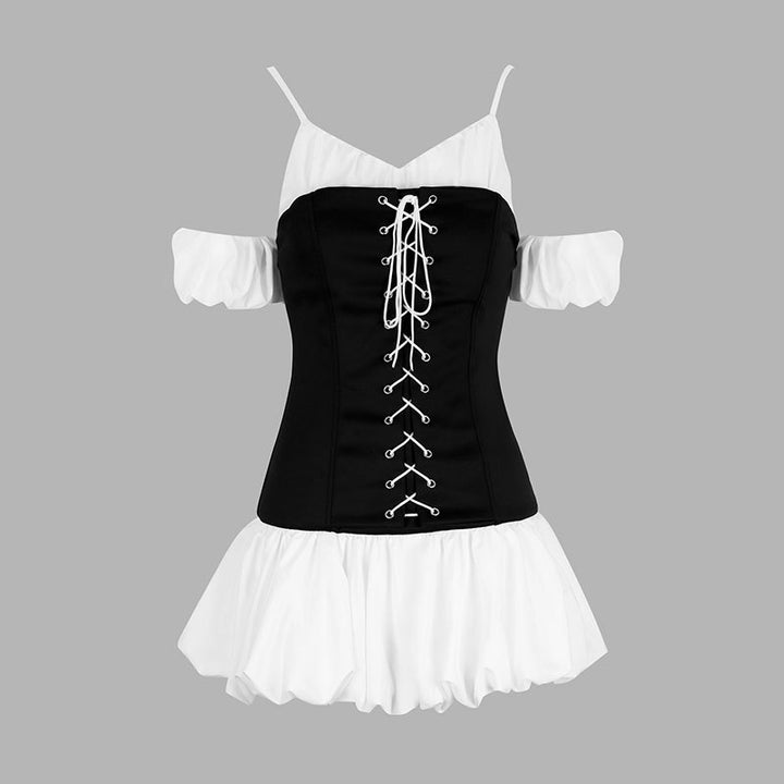Damen Rüschenkleid mit Schnürung und abnehmbaren Trägern Drune