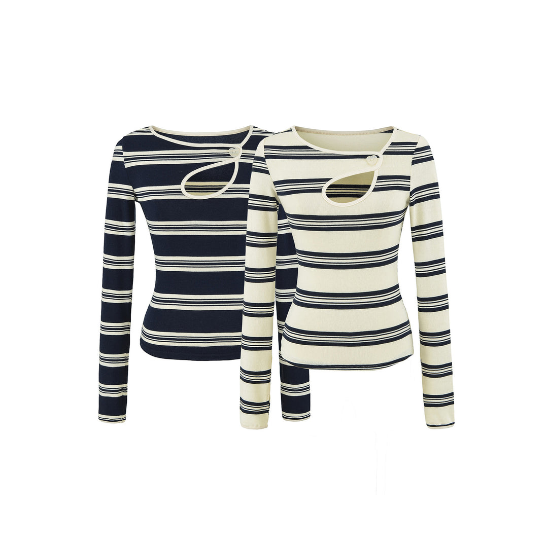 Damen Gestreiftes Feinstrick-Top mit asymmetrischem Herzknopf Drune