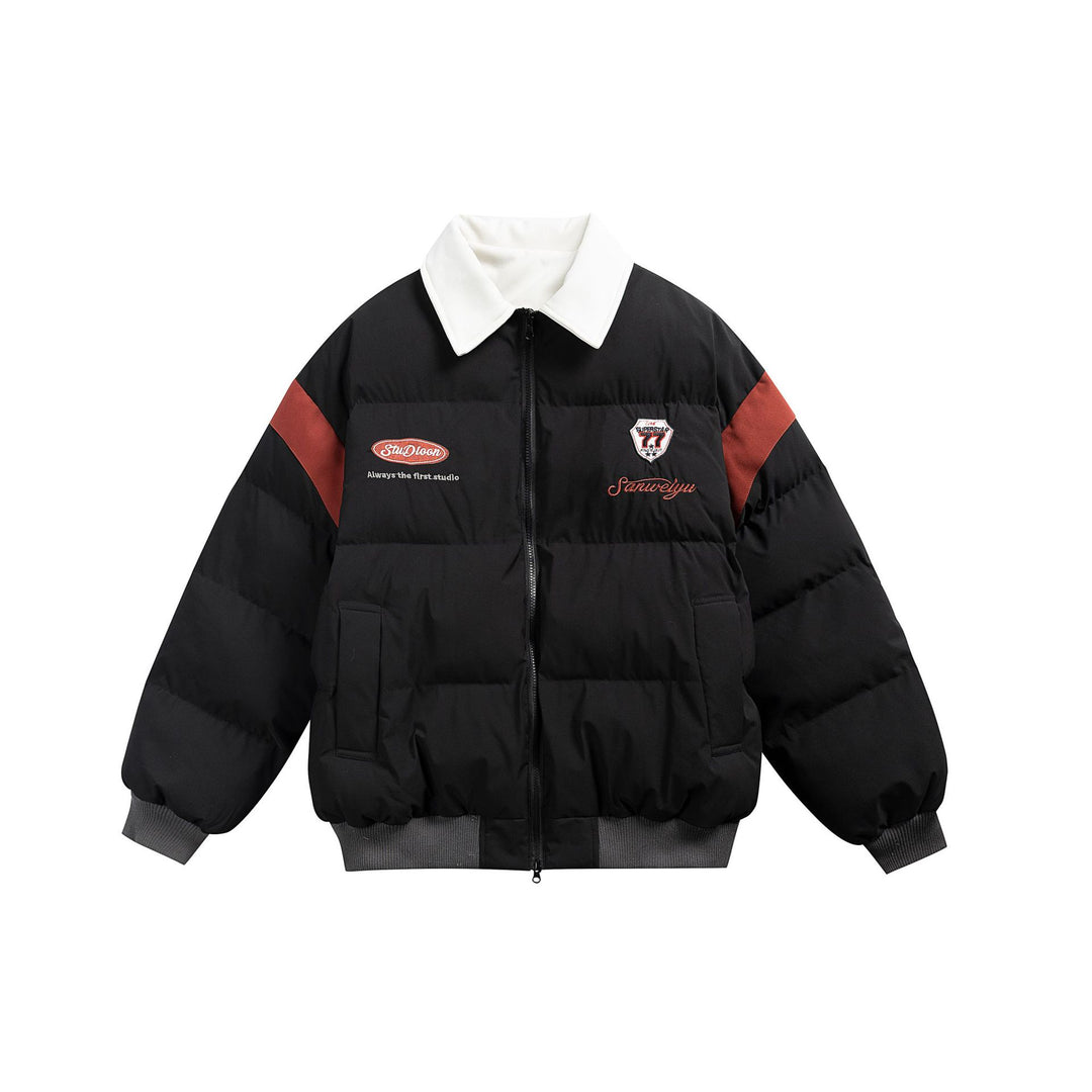 Damen Kurz geschnittene wattierte Blousonjacke mit kontrastierendem Kragen und Stickdetails Drune