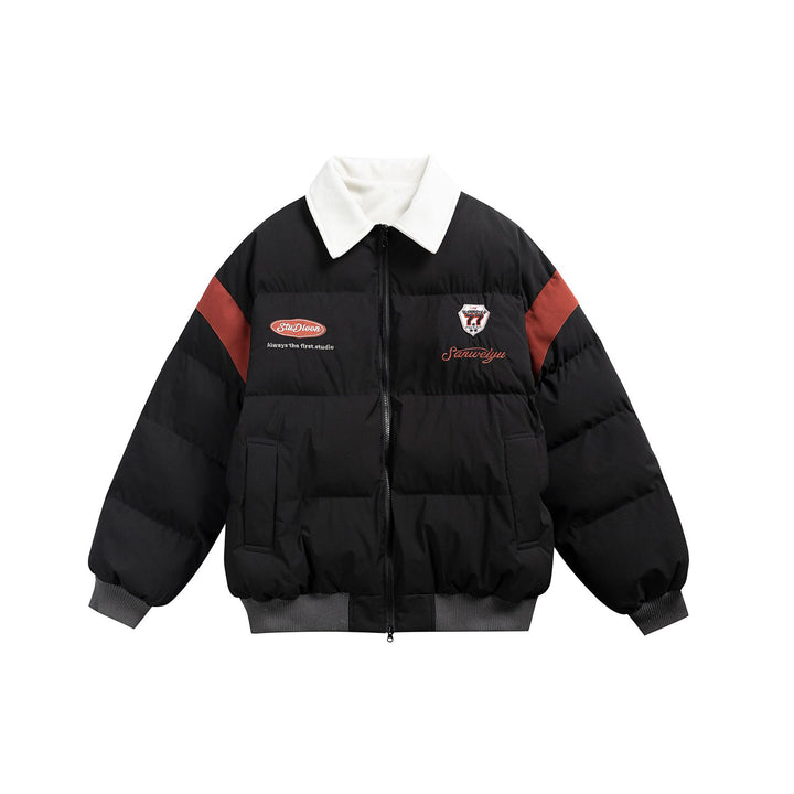 Damen Kurz geschnittene wattierte Blousonjacke mit kontrastierendem Kragen und Stickdetails Drune