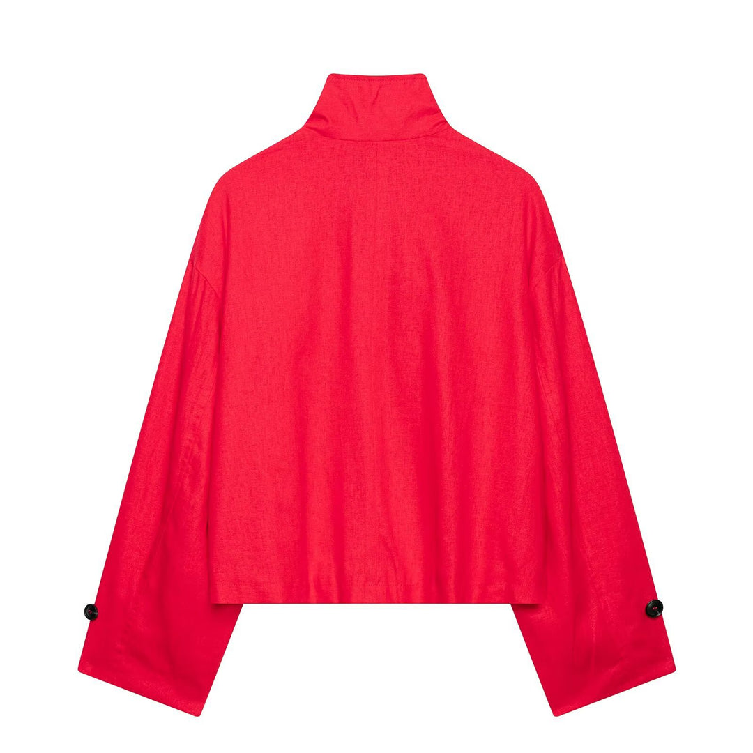 Damen 20+ kurzer Cape‑Trench mit Stehkragen und überlappenden Schulterriegeln Drune