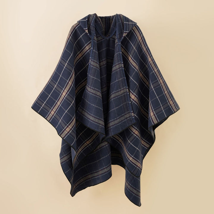 Damen Kapuzen-Poncho mit Karomuster, weichfallender Wollmix und offenem Oversize-Fall Drune