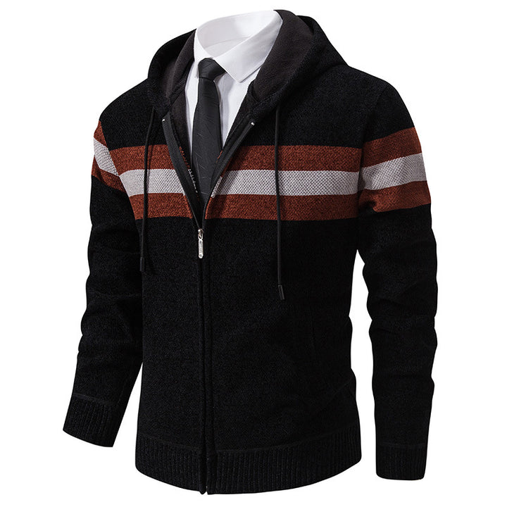 Herren Gestrickte Kapuzen-Strickjacke mit Kontraststreifen und Reißverschluss Drune