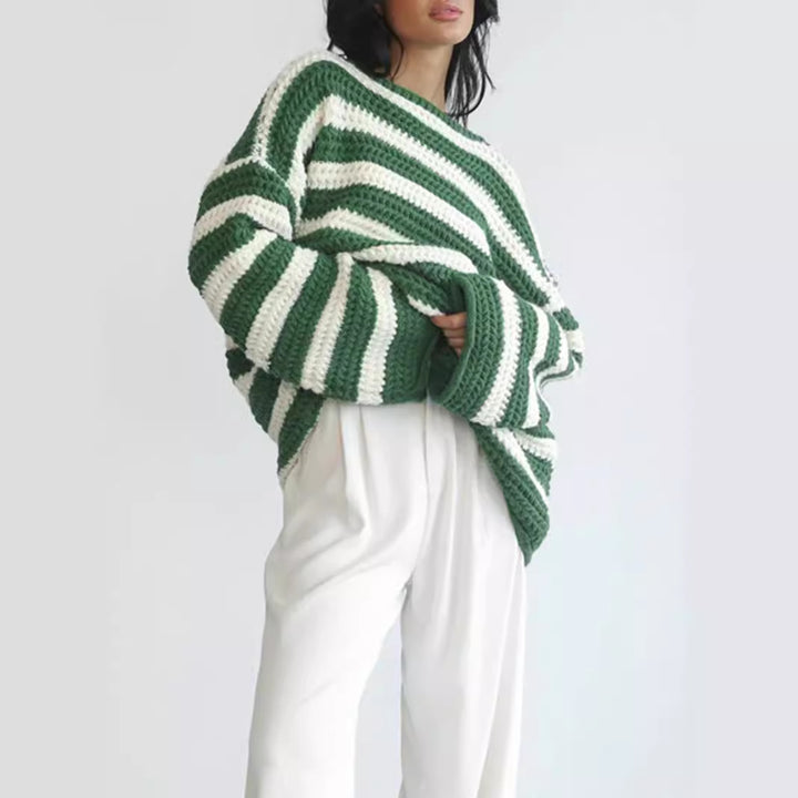 Damen lässiger Grobstrickpullover mit modernem Streifenmuster Drune