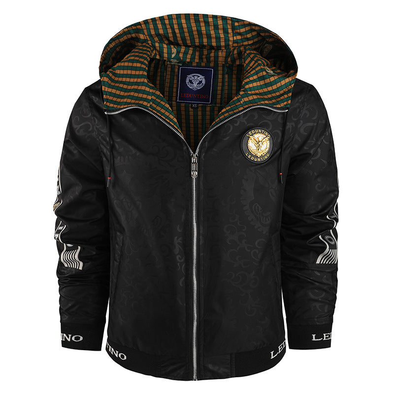 Herren nan leichte Kapuzenjacke mit gestreiftem Innenfutter, Logo-Ärmelprint und elastischem Saum Drune