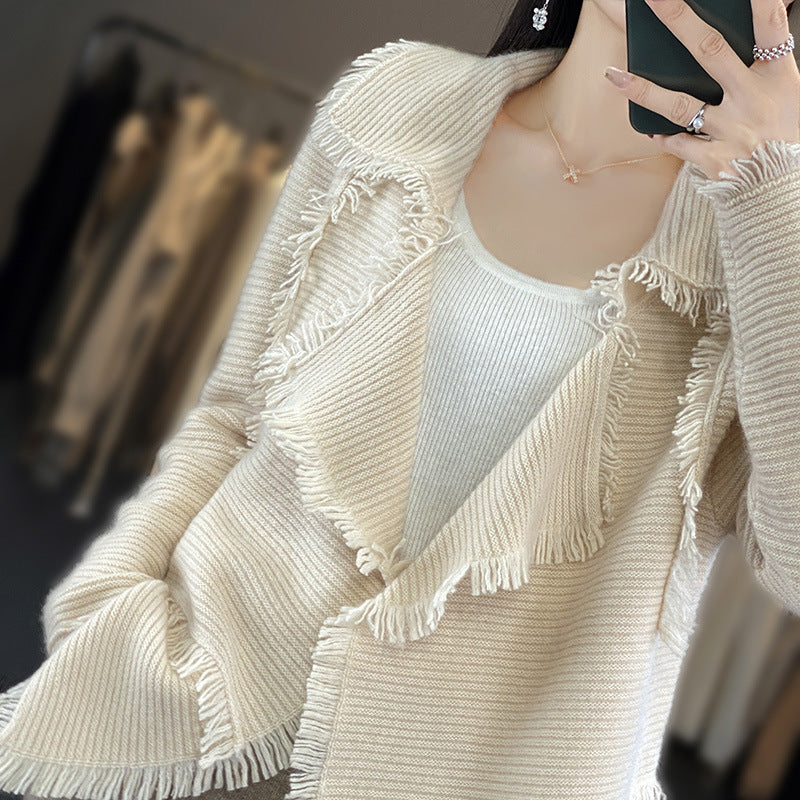 Damen Langer Fransen‑Strickcardigan mit großem Schalkragen und feiner Rippenstruktur Drune