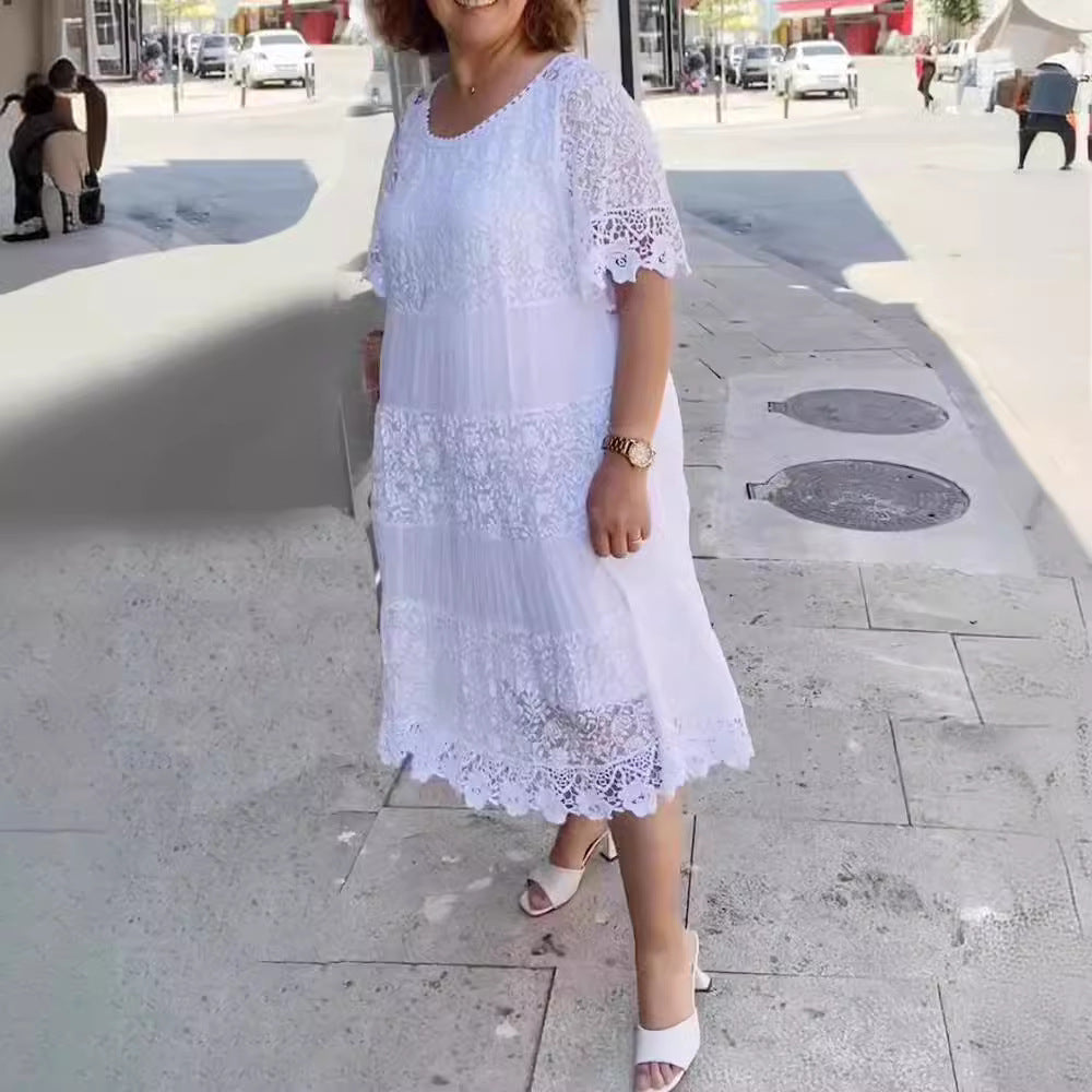 Damen nan Midikleid mit Spitzenstufen, Plissee‑Einsätzen und kurzen Trompetenärmeln Drune