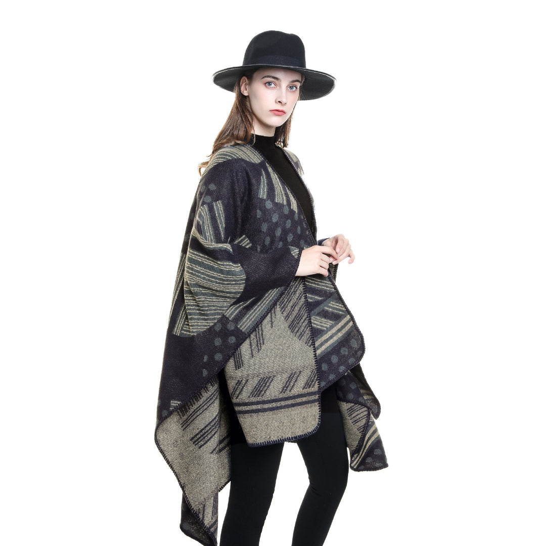 Damen Jacquard‑Ruana mit grafischem Muster und Kettelkante Drune