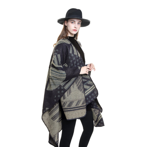 Damen Jacquard‑Ruana mit grafischem Muster und Kettelkante Drune
