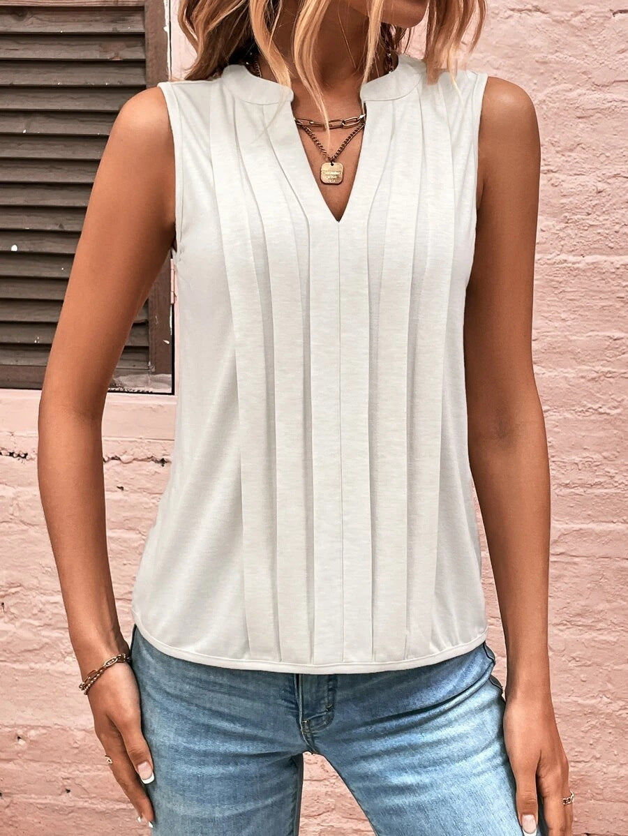 Damen Ärmellose Bluse mit feinen Bügelfalten und V-Ausschnitt Drune