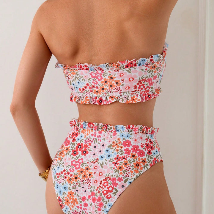 Damen Bikini-Set mit romantischen Rüschendetails und hohem Taillenbund Drune