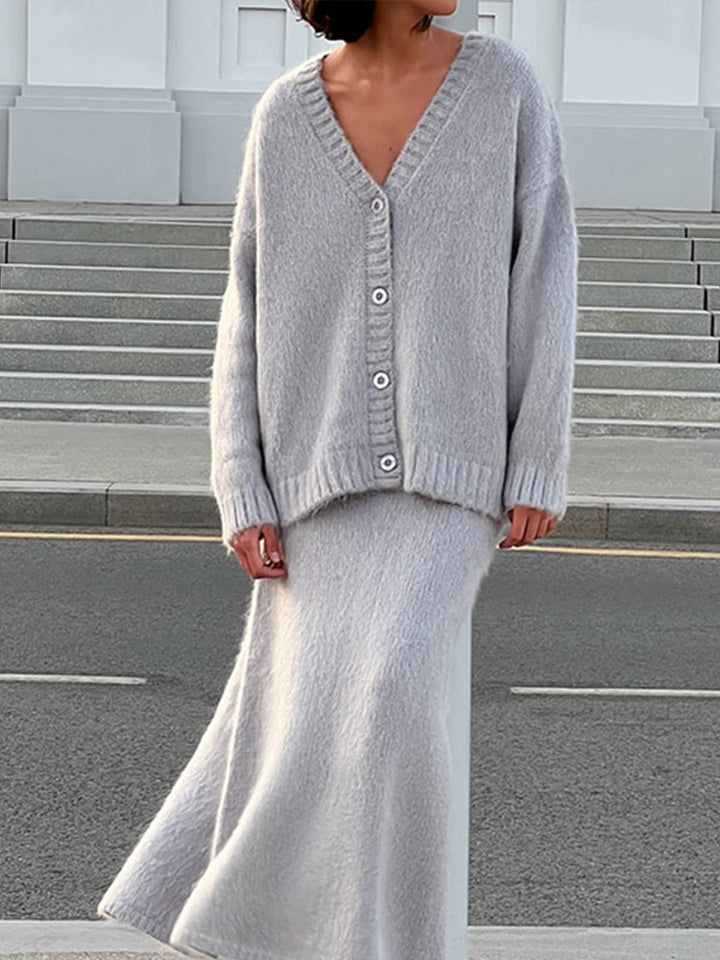 Damen kuschelige Strickjacke und Wadenlanger Rock Set Drune