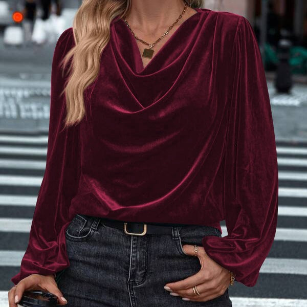 Damen Drapiertes Samtblusenshirt mit Wasserfall‑Ausschnitt und Puffschultern Drune