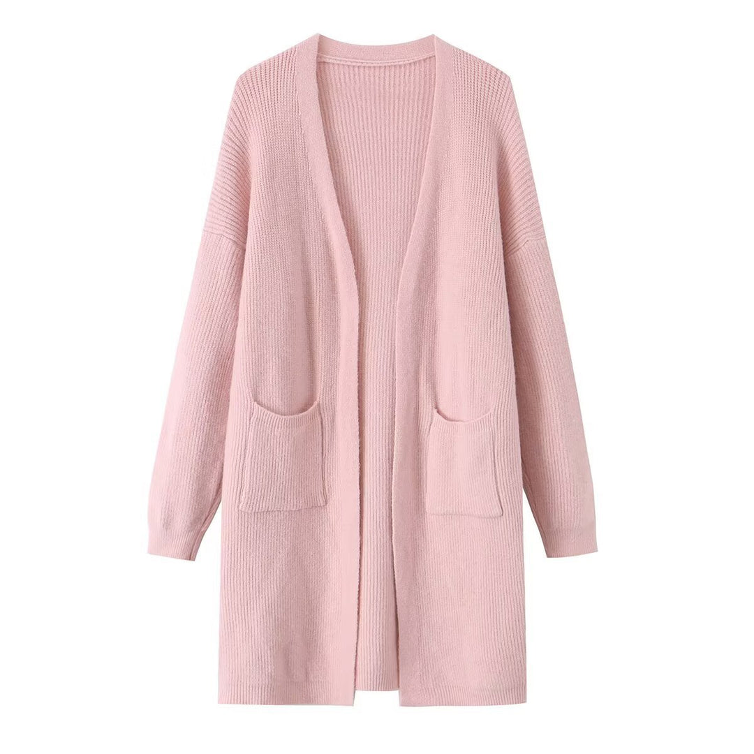 Damen Longline Strickcardigan mit aufgesetzten Taschen und offener Front Drune