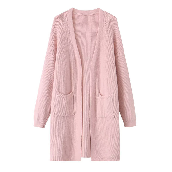 Damen Longline Strickcardigan mit aufgesetzten Taschen und offener Front Drune