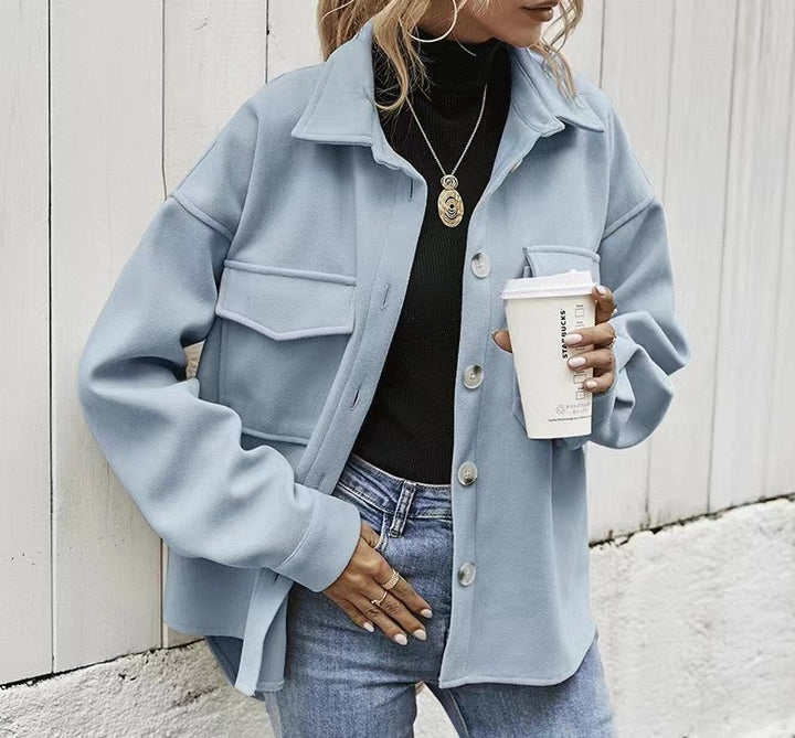 Damen Modische Oversized-Jacke mit Taschen und Knopfverschluss Drune