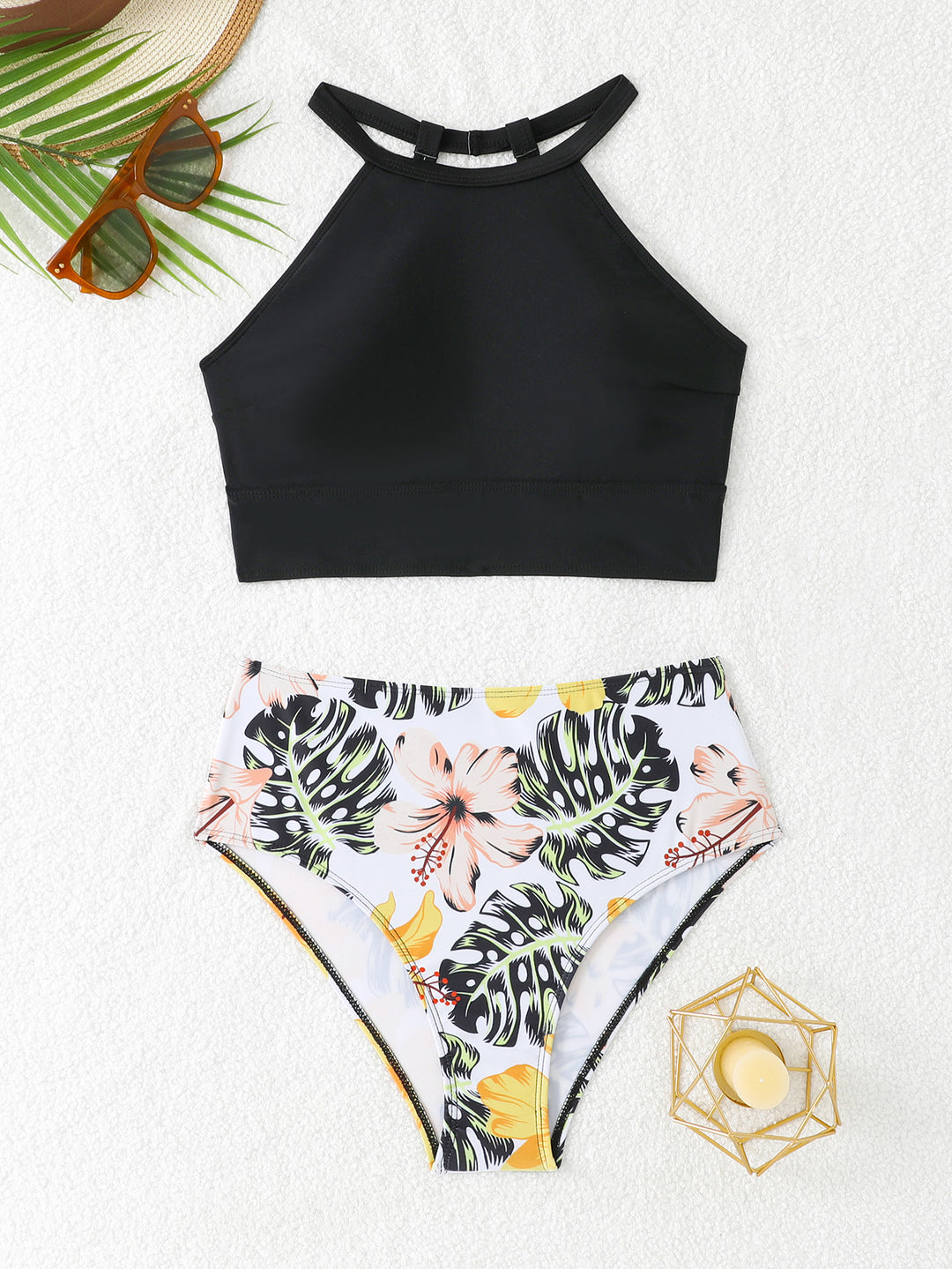 Damen Sportlicher Bikini-Set mit hohem Bund und rückenfreier Oberseite Drune