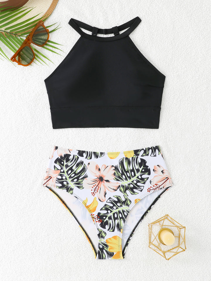 Damen Sportlicher Bikini-Set mit hohem Bund und rückenfreier Oberseite Drune