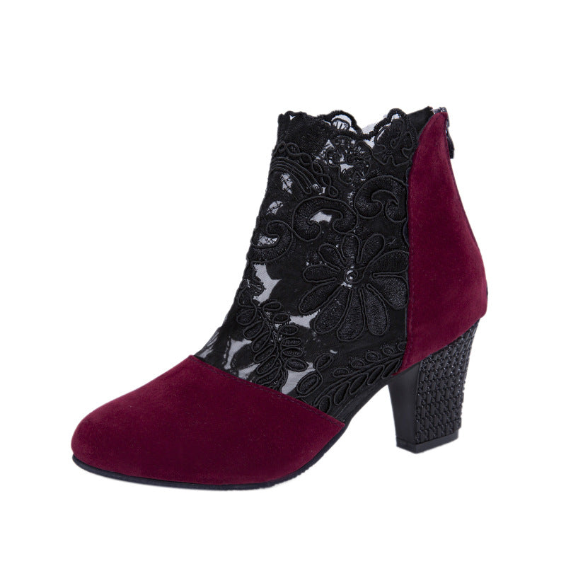 Damen Ankle-Boots mit floraler Spitze und samtiger Wildlederoptik mittelhoher Blockabsatz Drune