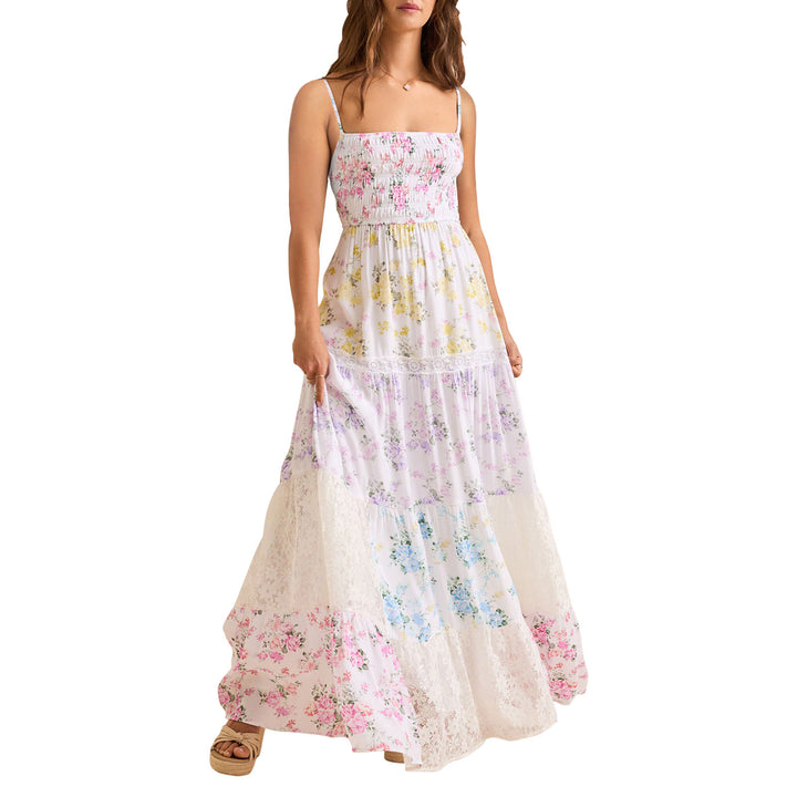 Damen Boho Maxikleid mit elastischem Oberteil und Spitzenakzenten Drune
