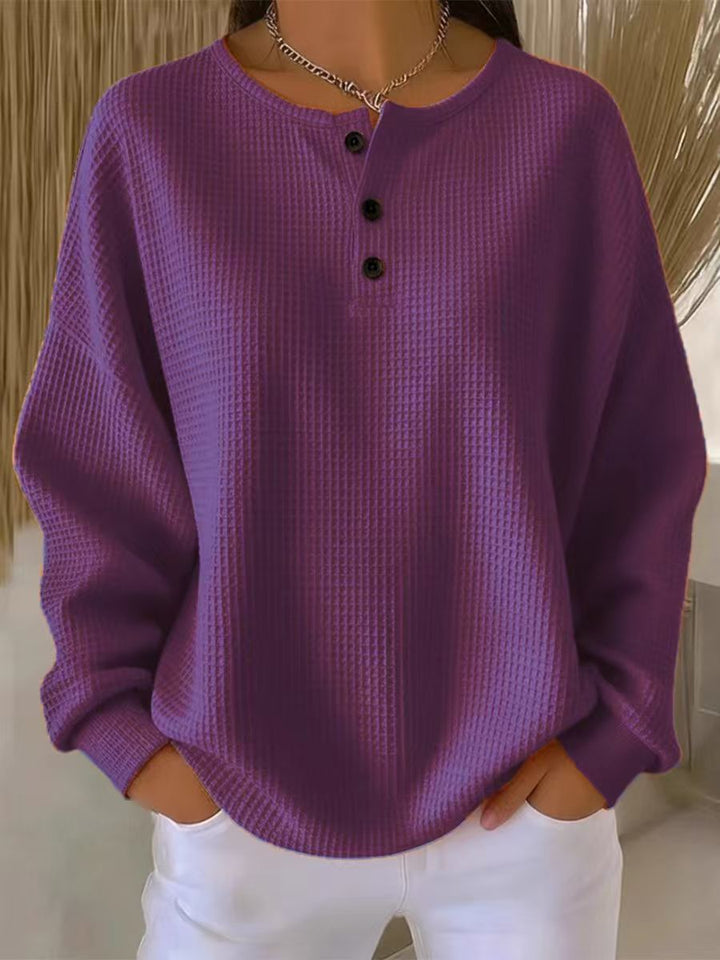 Damen nan Oversized Waffelstrick Henley-Pullover mit Knopfleiste und abgerundetem Saum Drune