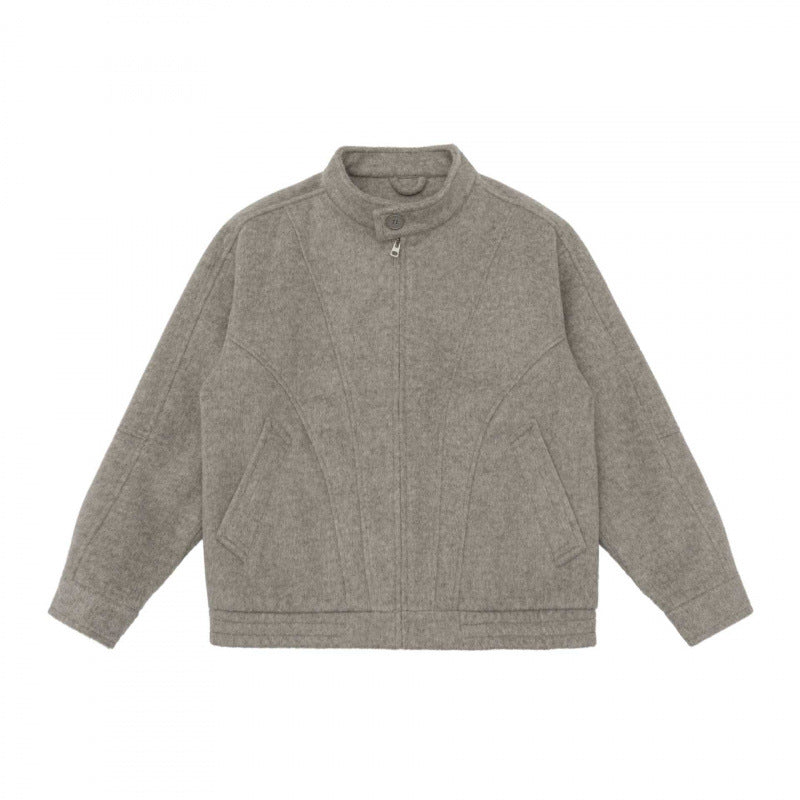 [Unisex] Boxy Wollmix-Zipjacke im Overshirt‑Stil mit kurzem Stehkragen Drune