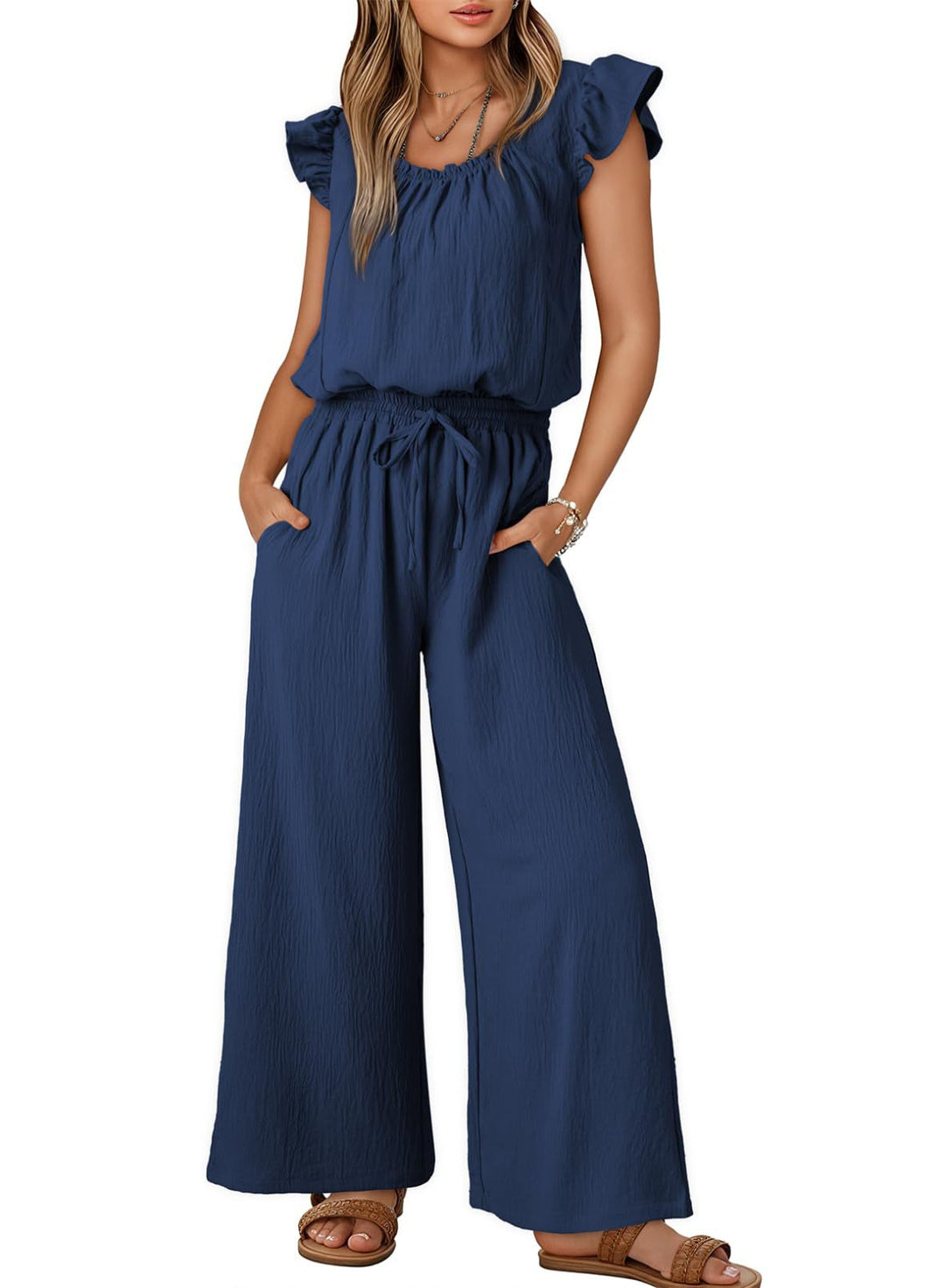 Damen Crinkle-Overall mit weitem Bein, elastischem Taillenbund und Rüschenärmeln Drune