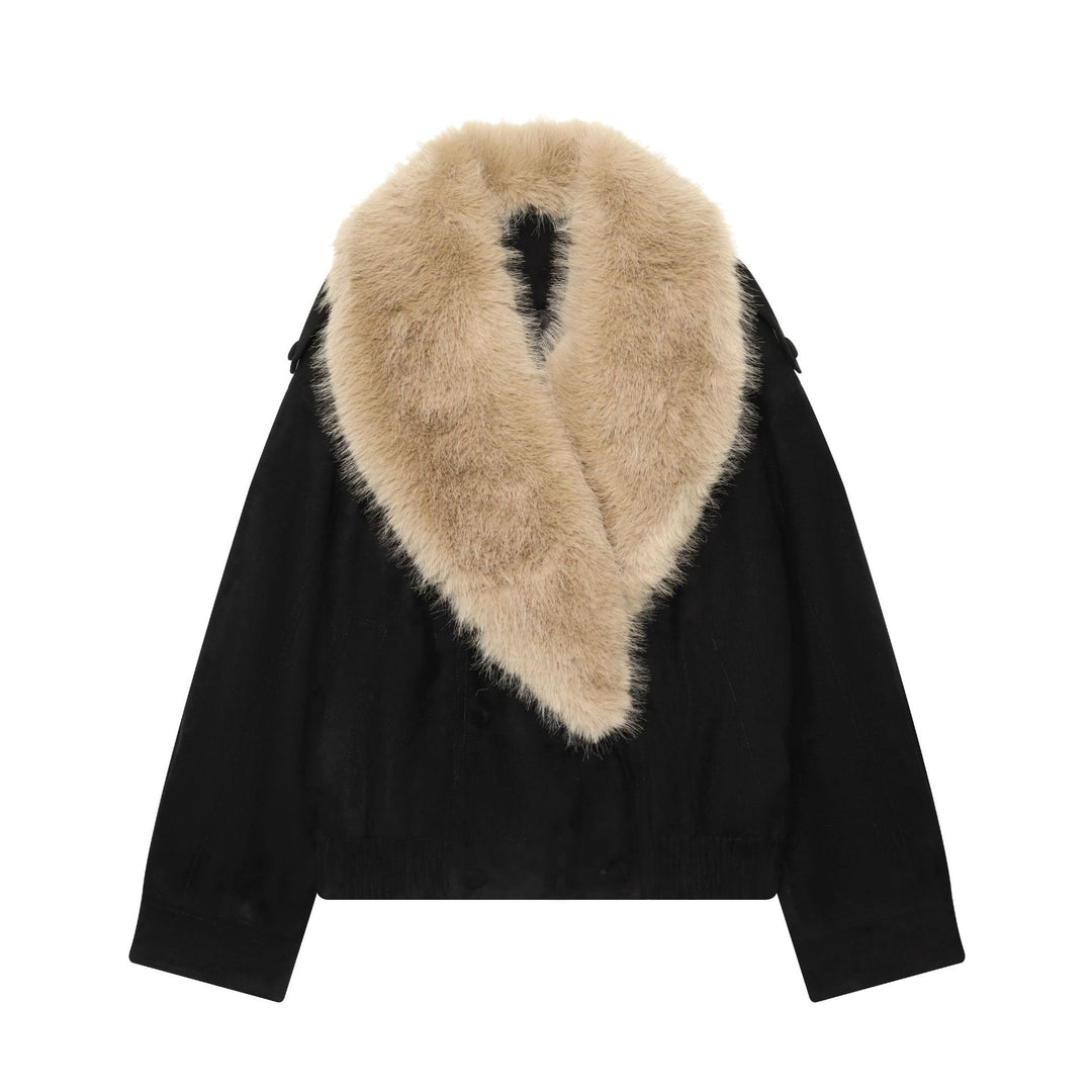 Damen Cropped Veloursjacke mit voluminösem Kunstfell‑Schalkragen Drune