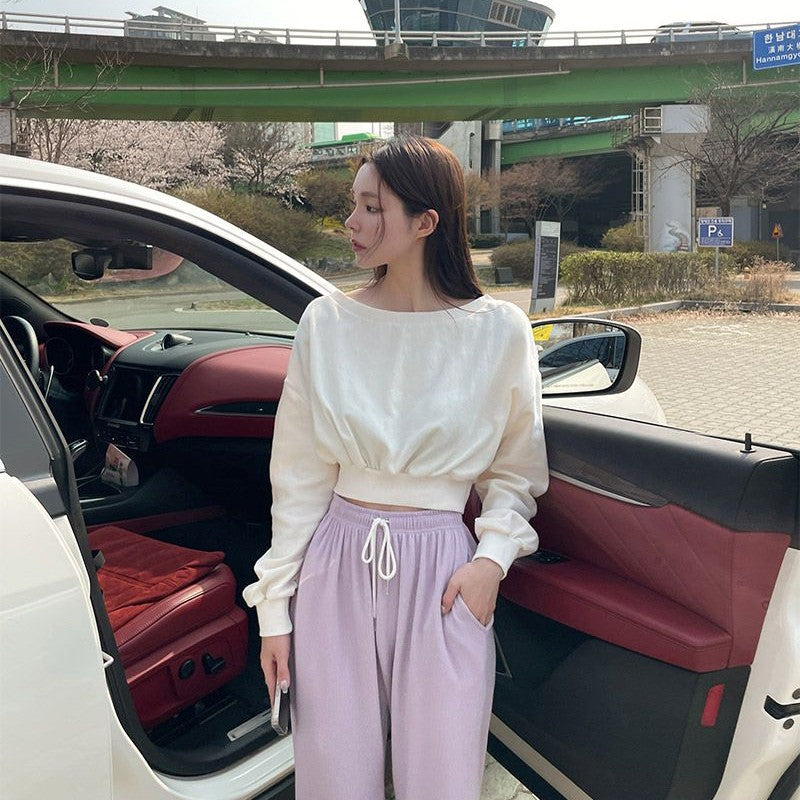 Damen lässiger cropped Pullover mit elastischem Bund Drune