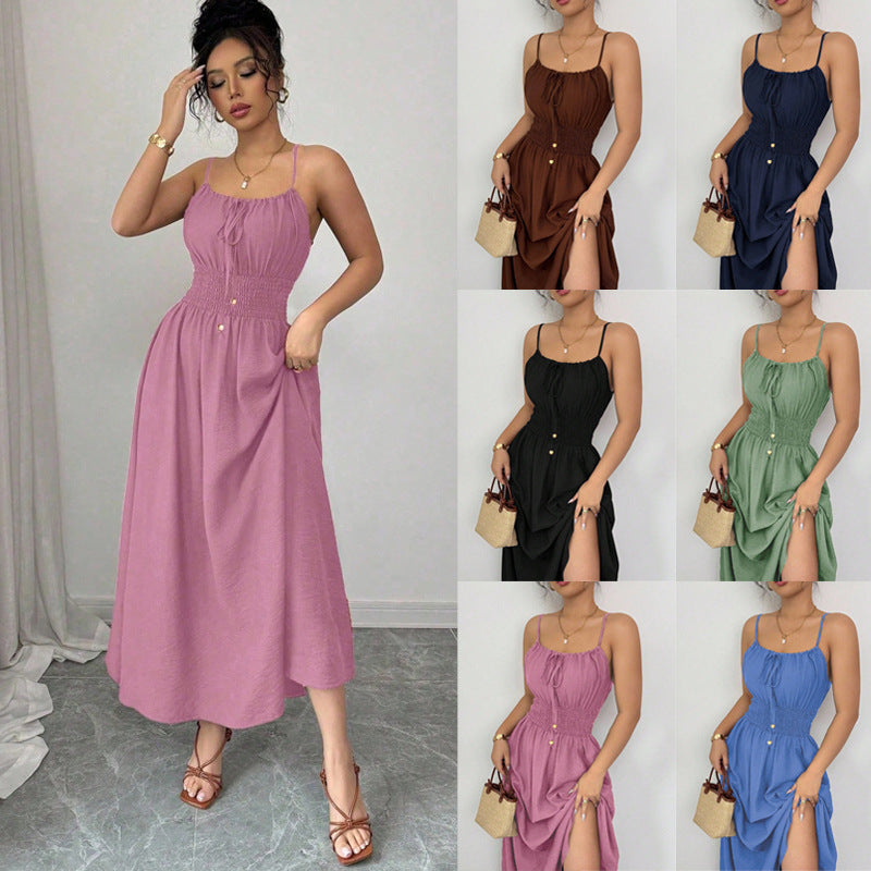 Damen Midikleid mit Smokbund, Spaghettiträgern und Bindekordel Drune