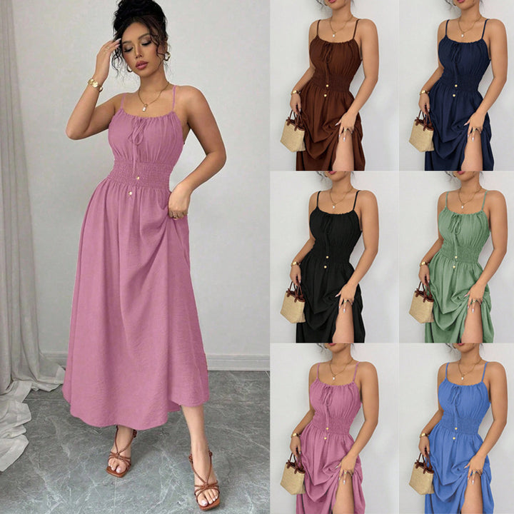 Damen Midikleid mit Smokbund, Spaghettiträgern und Bindekordel Drune