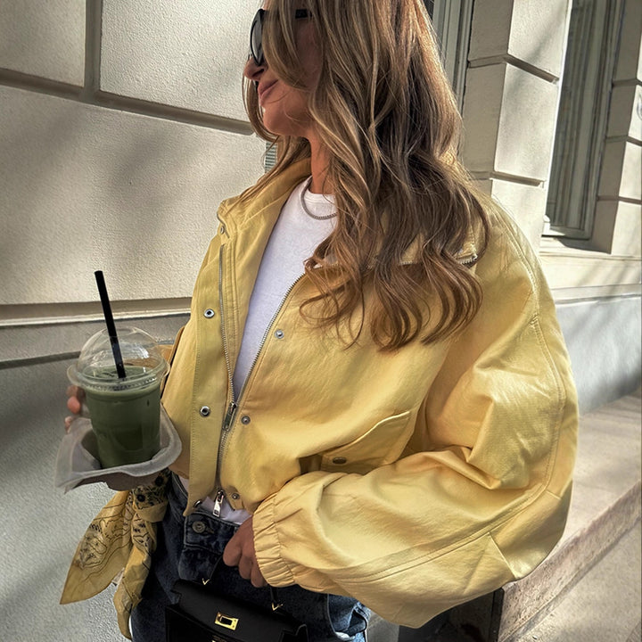 Damen Kurze Satinoptik-Bomberjacke mit Reißverschluss, Druckknöpfen & elastischen Bündchen Drune