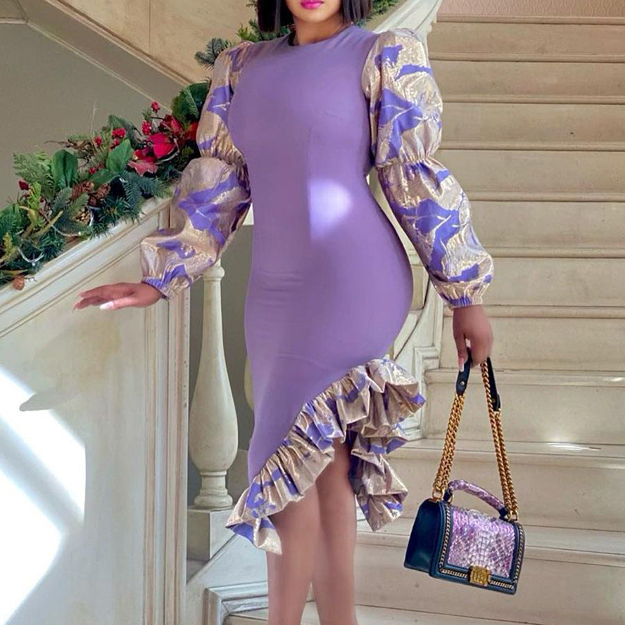 Damen Rüschenkleid mit eleganten Puffärmeln und asymmetrischem Saum Drune
