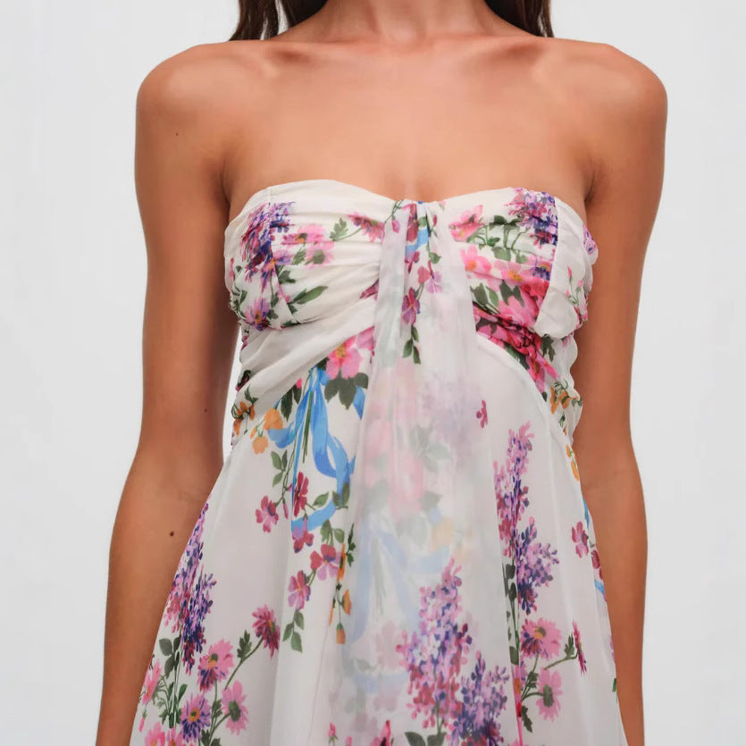 Damen nan trägerloses Chiffonkleid mit Frontschleife und Volantsaum Drune