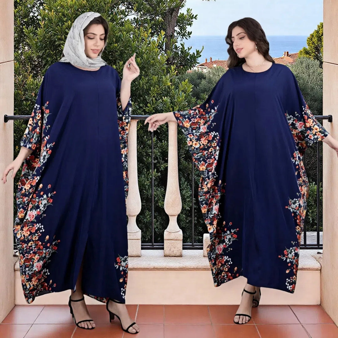 Damen Fließendes Maxikaftan-Kleid mit floralem Saum und dreiviertel Ärmeln Drune