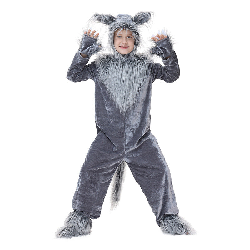 Mädchen Plüsch Wolfskostüm mit Kapuze und detailreichen Faux-Fell-Akzenten Drune