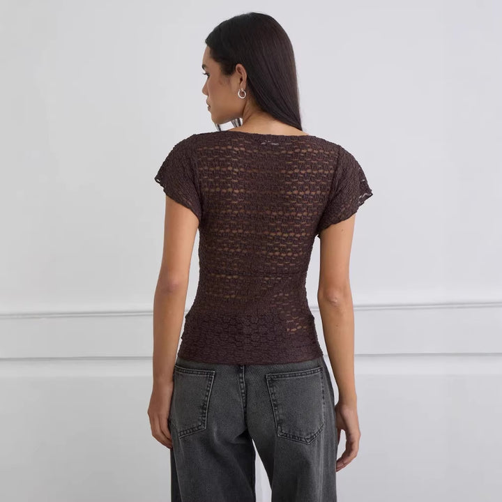 Damen Verspieltes Spitzenoberteil mit fließendem Design und kurzen Puffärmeln Drune