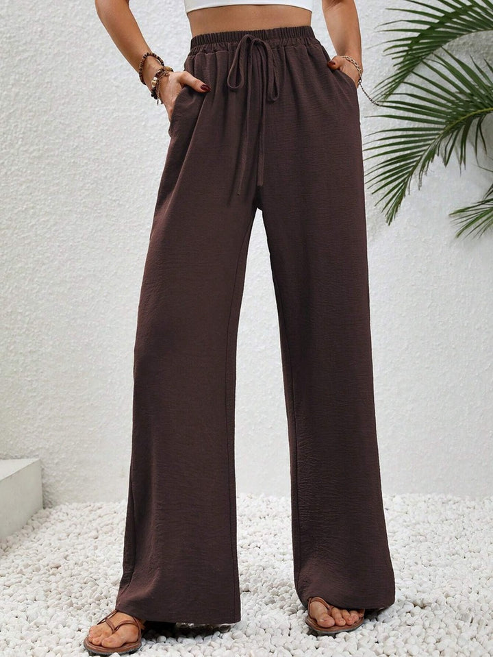 Damen Weite Palazzohose mit hohem Elastikbund, Kordelzug und Eingrifftaschen Drune