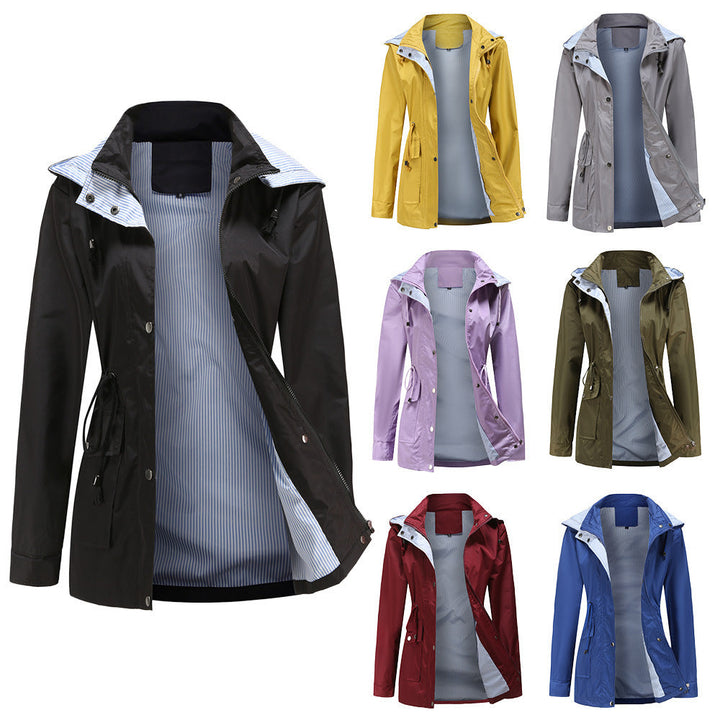 Damen Wetterfeste Regenjacke mit verstellbarem Kapuzenkragen und Taillenzug Drune
