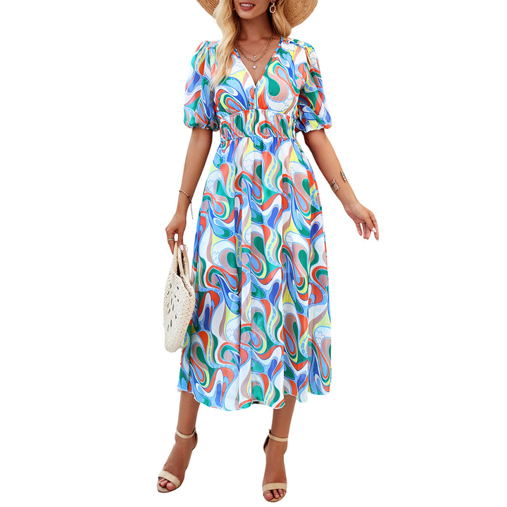 Damen Midikleid mit eleganten Puffärmeln und romantischem Blumenmuster Drune