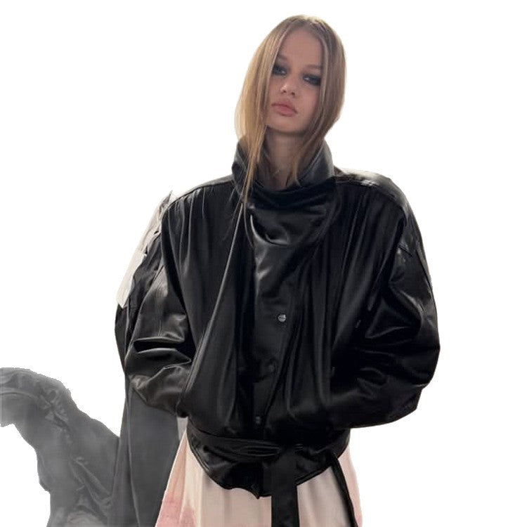 Damen Oversize-Kunstleder-Bomberjacke mit hohem Stehkragen und Taillengürtel Drune