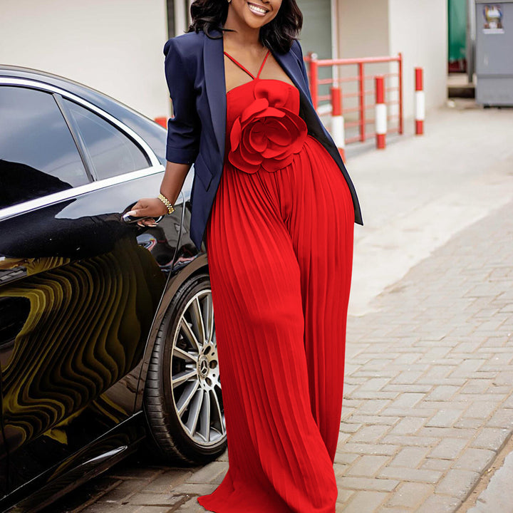 Damen Jumpsuit mit raffiniertem Plissee-Design und dekorativer Blumendetail Drune