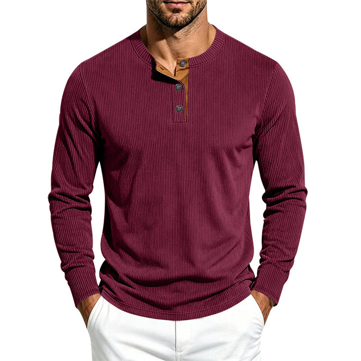 Herren Geripptes Langarm-Henley mit Stehkragen, Kontrast-Knopfleiste und Rippbündchen Drune